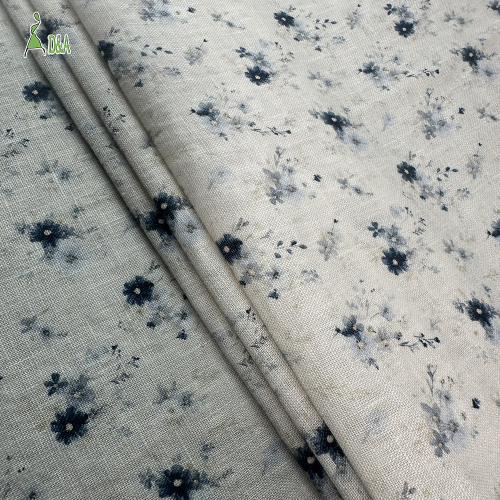 Indigo Ditsy Floral 100% Linen Fabric | Soft Blue Sprig Print on Ivory · Stone Washed