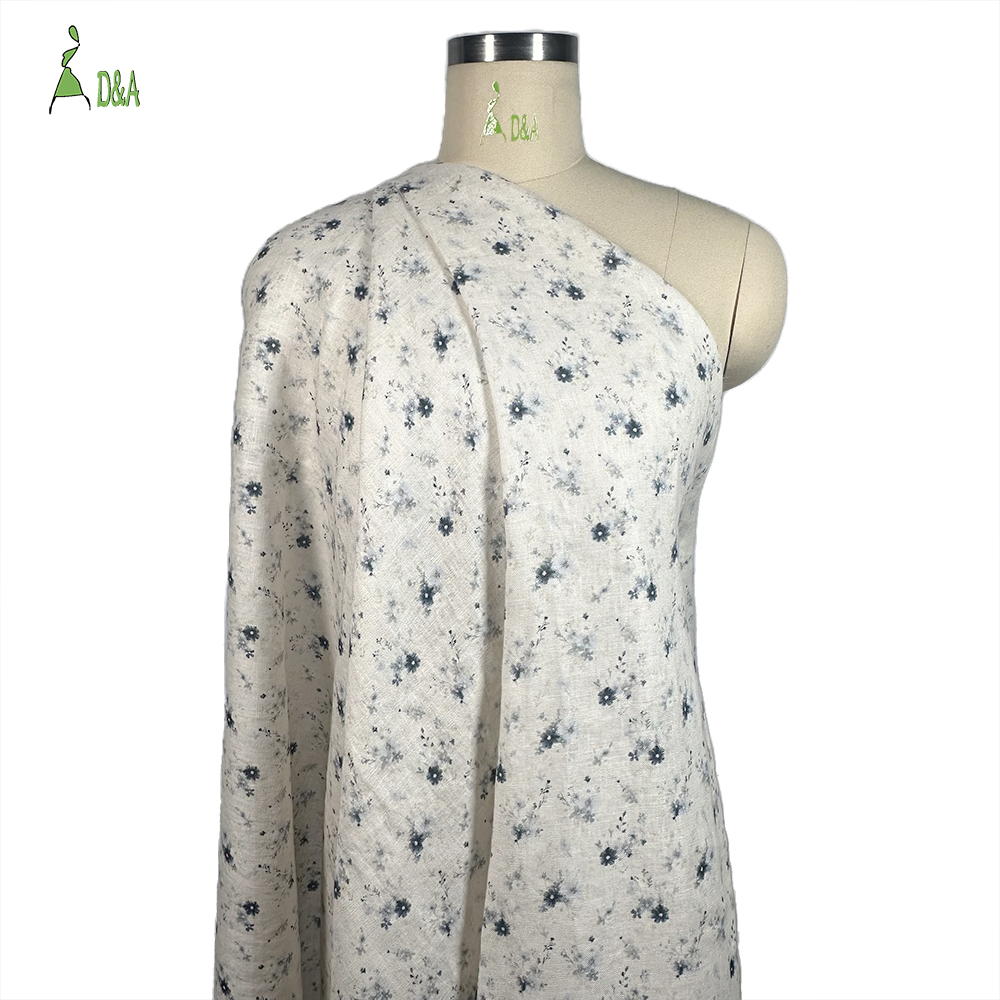 Indigo Ditsy Floral 100% Linen Fabric | Soft Blue Sprig Print on Ivory · Stone Washed