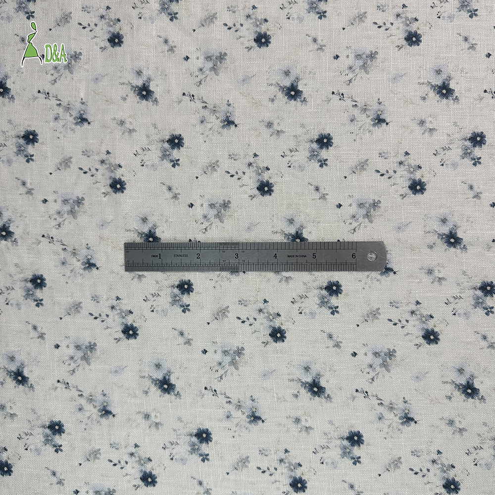 Indigo Ditsy Floral 100% Linen Fabric | Soft Blue Sprig Print on Ivory · Stone Washed