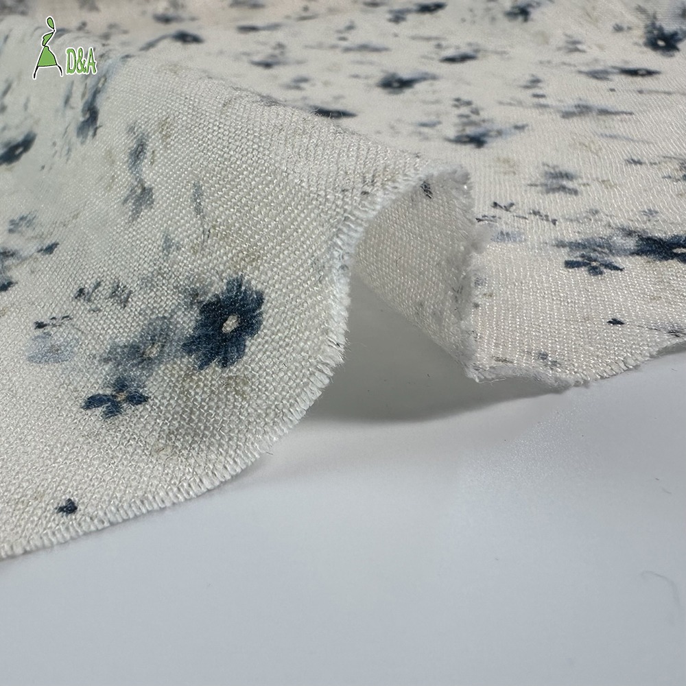 Indigo Ditsy Floral 100% Linen Fabric | Soft Blue Sprig Print on Ivory · Stone Washed