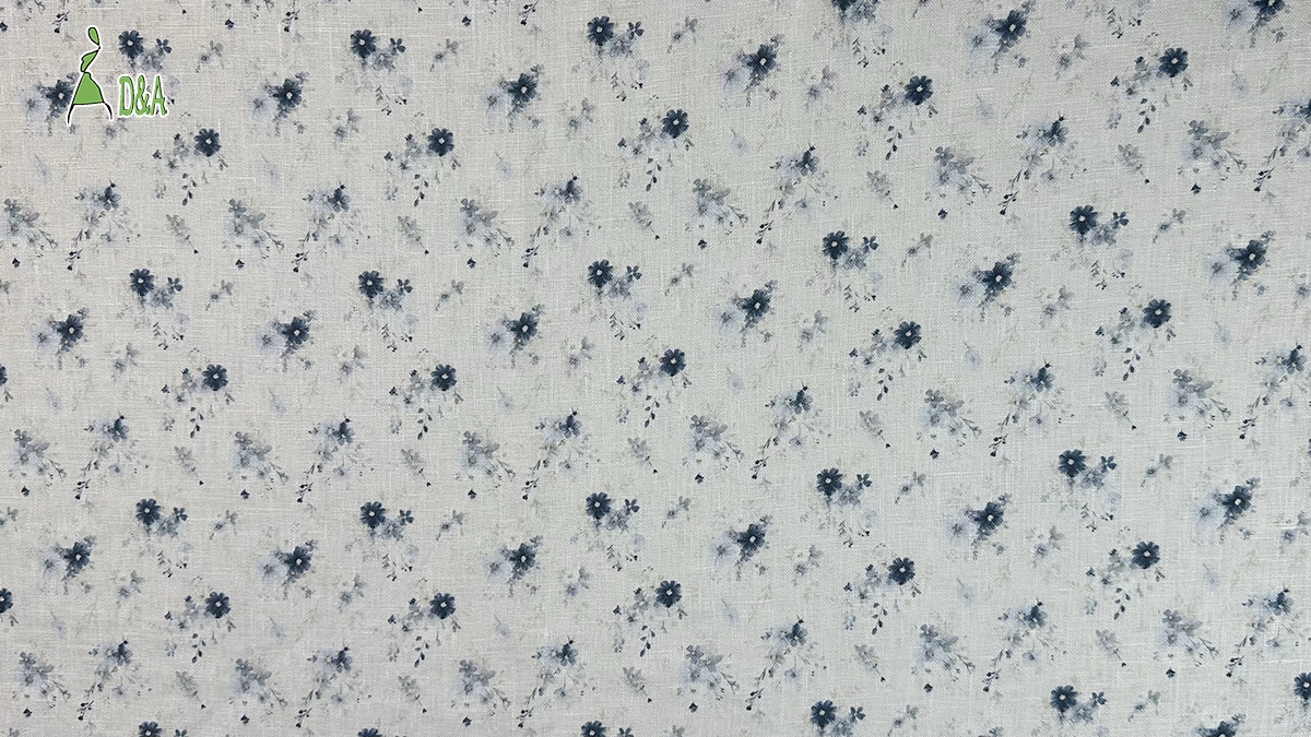 Indigo Ditsy Floral 100% Linen Fabric | Soft Blue Sprig Print on Ivory · Stone Washed