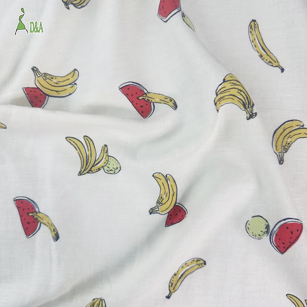 Linen Viscose Printed Fabric | Hand-Drawn Fruit Print on Ivory · 55% Linen 45% Viscose · 15S 150 gsm