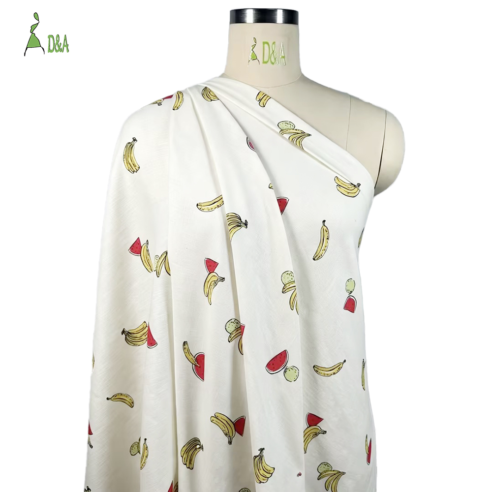 Linen Viscose Printed Fabric | Hand-Drawn Fruit Print on Ivory · 55% Linen 45% Viscose · 15S 150 gsm