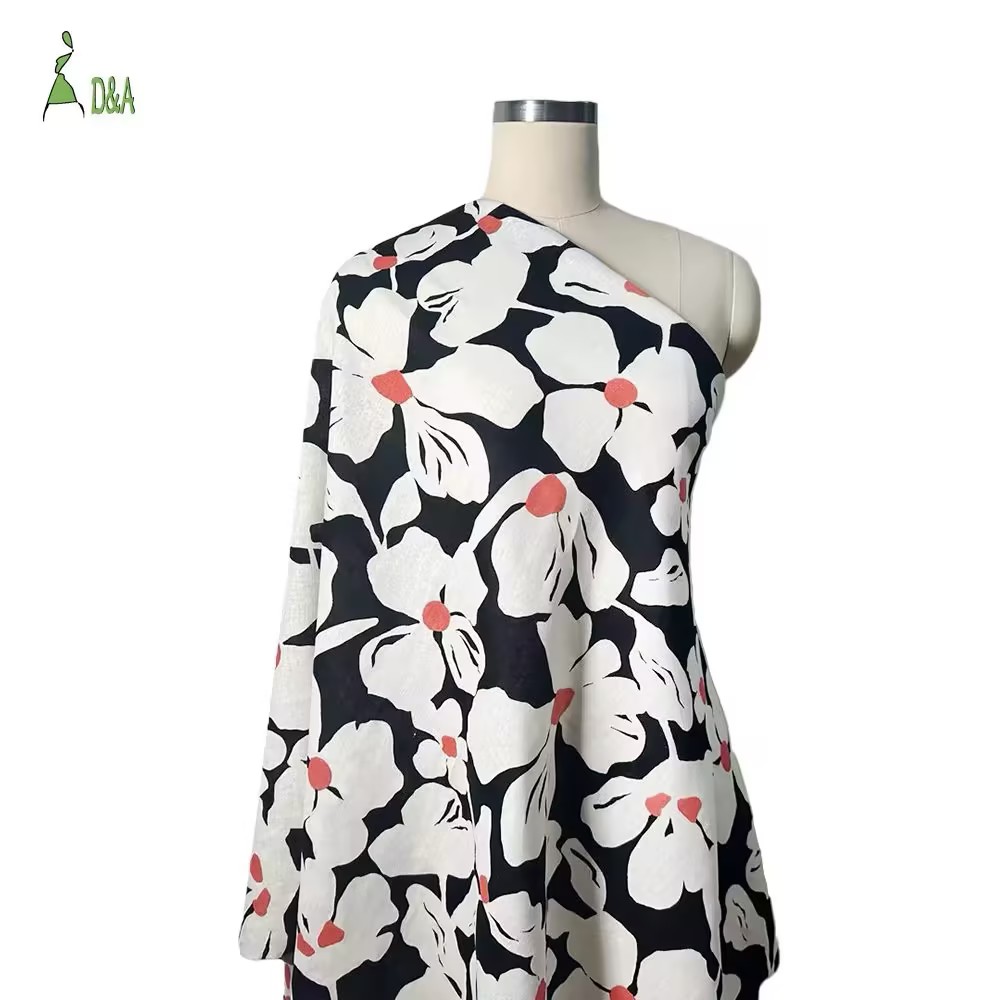 Linen Viscose Printed Fabric | Bold Floral Print on Black · 55% Linen 45% Viscose · 180 gsm