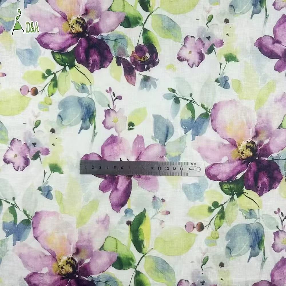 100% Linen Printed Fabric | Watercolor Floral · Stone Washed · 14S · 170 gsm