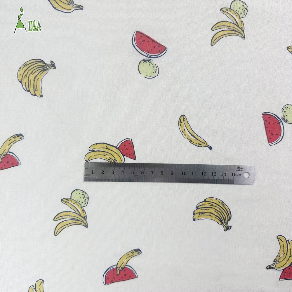Linen Viscose Printed Fabric | Hand-Drawn Fruit Print on Ivory · 55% Linen 45% Viscose · 15S 150 gsm