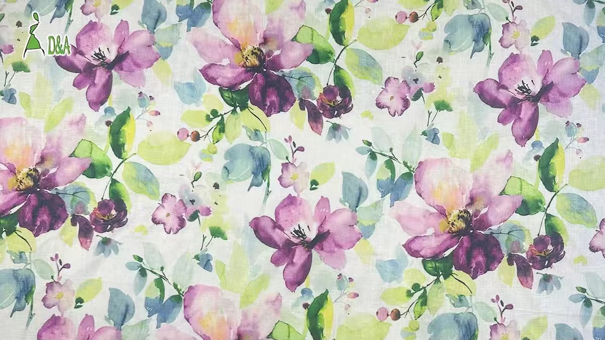 100% Linen Printed Fabric | Watercolor Floral · Stone Washed · 14S · 170 gsm